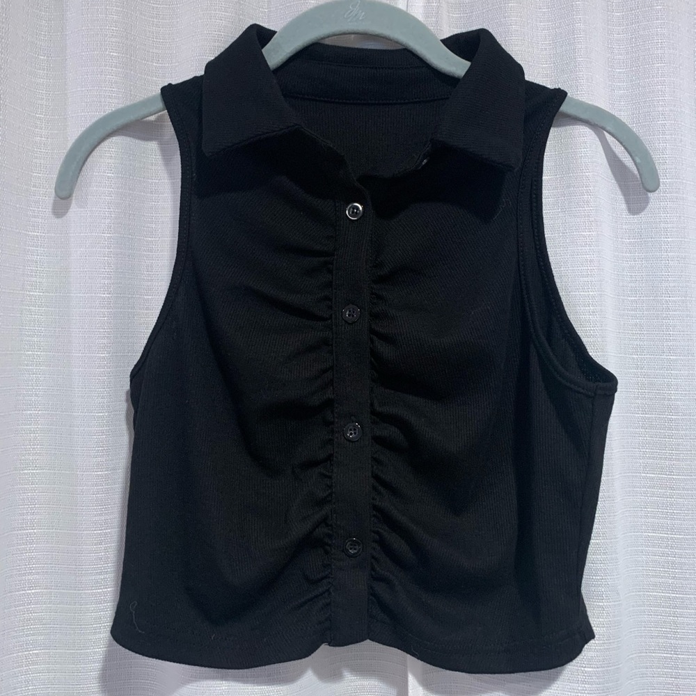Women's Button Front Rib Knit Crop Tank Top Sleeveless Collar Vest